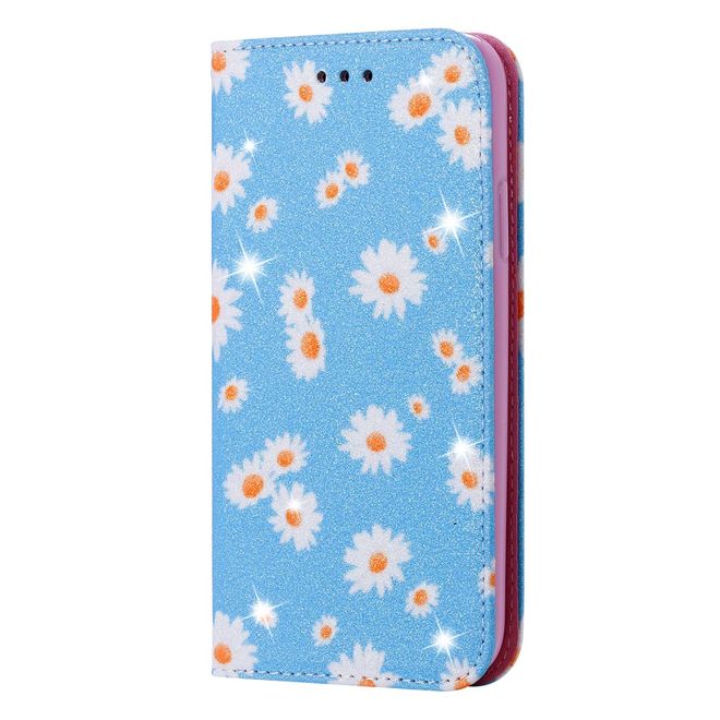 Étui pour iPhone 11 Pro Max - Couverture livre en cuir pailleté à motifs floraux - Bleu