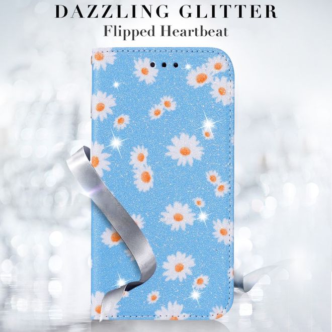 Étui pour iPhone 11 Pro Max - Couverture livre en cuir pailleté à motifs floraux - Bleu