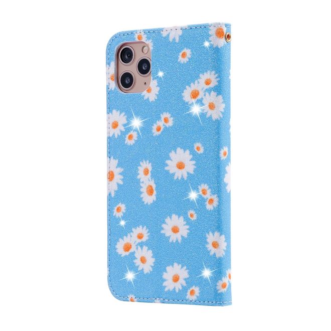 Étui pour iPhone 11 Pro Max - Couverture livre en cuir pailleté à motifs floraux - Bleu