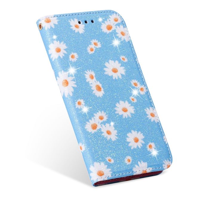 Étui pour iPhone 11 Pro Max - Couverture livre en cuir pailleté à motifs floraux - Bleu