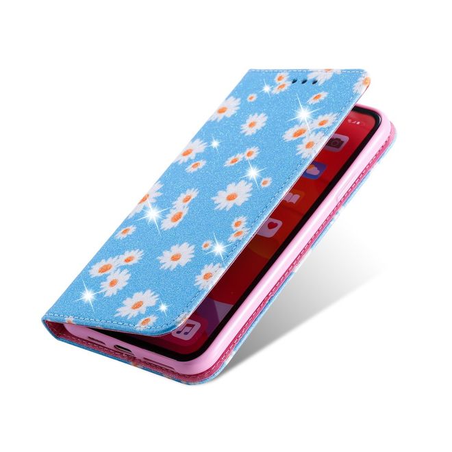 Étui pour iPhone 11 Pro Max - Couverture livre en cuir pailleté à motifs floraux - Bleu