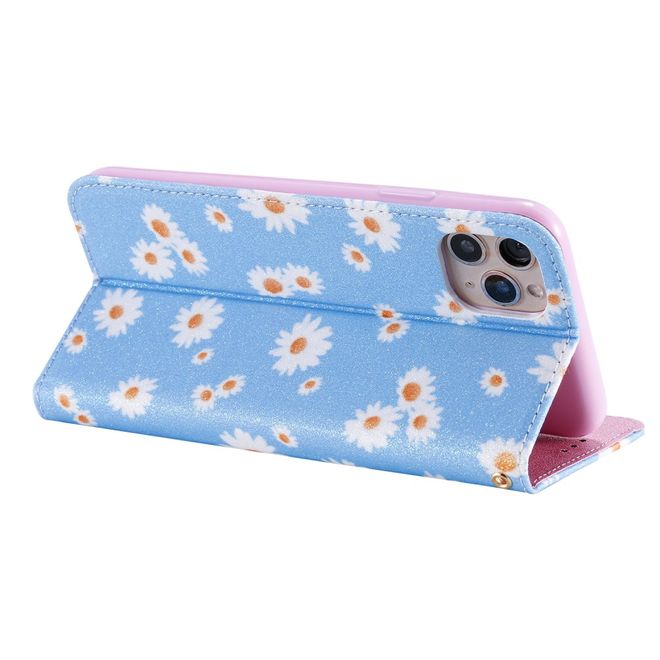 Étui pour iPhone 11 Pro Max - Couverture livre en cuir pailleté à motifs floraux - Bleu