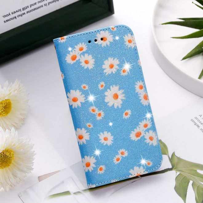 Étui pour iPhone 11 Pro Max - Couverture livre en cuir pailleté à motifs floraux - Bleu