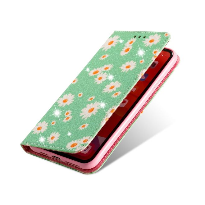 Étui pour iPhone 11 Pro Max - Couverture livre en cuir pailleté à fleurs - Vert