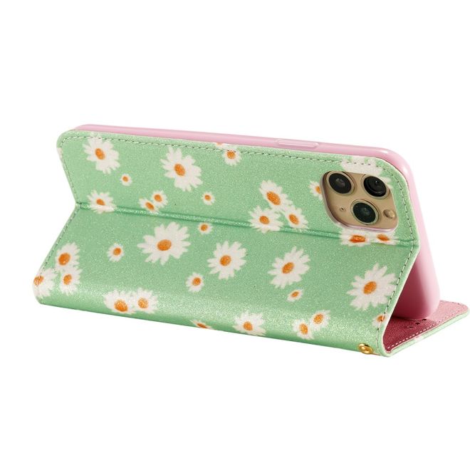 Étui pour iPhone 11 Pro Max - Couverture livre en cuir pailleté à fleurs - Vert