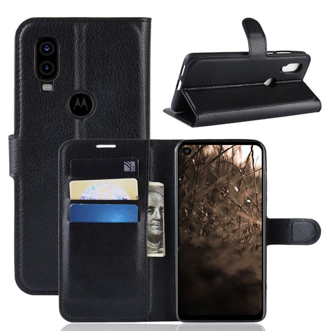 Motorola One Vision Handy Hülle - Litchi Leder Bookcover Series - schwarz