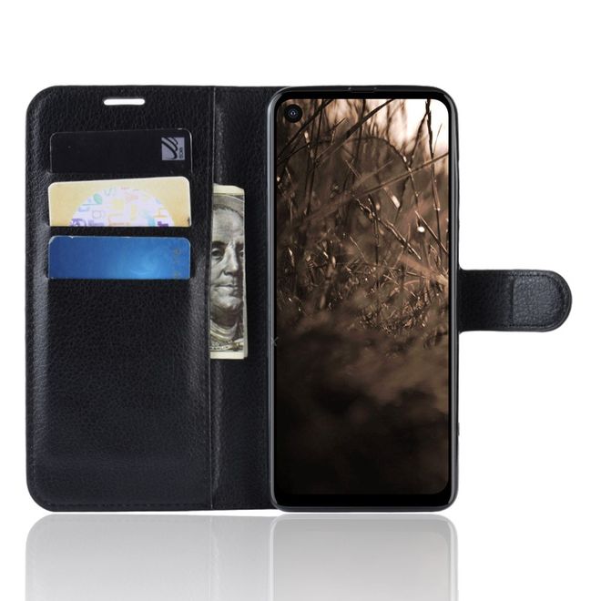 Motorola One Vision Handy Hülle - Litchi Leder Bookcover Series - schwarz