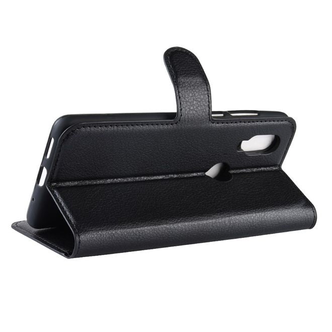 Motorola One Vision Handy Hülle - Litchi Leder Bookcover Series - schwarz