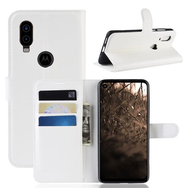 Motorola One Vision Handy Hülle - Litchi Leder Bookcover Series - weiss