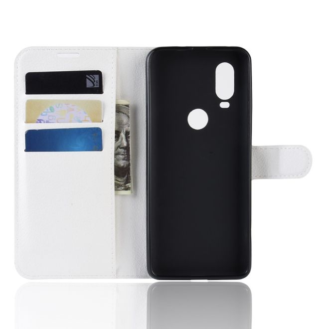 Motorola One Vision Handy Hülle - Litchi Leder Bookcover Series - weiss