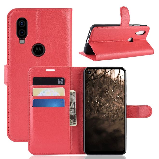 Motorola One Vision Handy Hülle - Litchi Leder Bookcover Series - rot