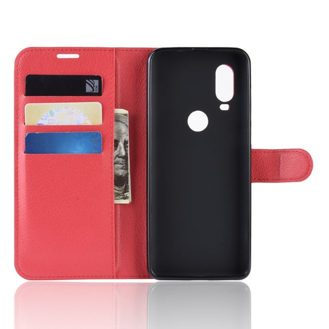 Motorola One Vision Handy Hülle - Litchi Leder Bookcover Series - rot