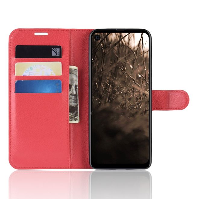 Motorola One Vision Handy Hülle - Litchi Leder Bookcover Series - rot
