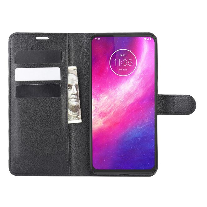 Motorola One Hyper Handy Hülle - Litchi Leder Bookcover Series - schwarz