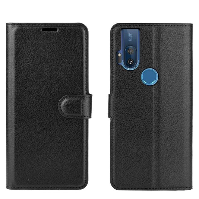 Motorola One Hyper Handy Hülle - Litchi Leder Bookcover Series - schwarz