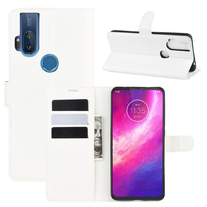 Motorola One Hyper Handy Hülle - Litchi Leder Bookcover Series - weiss