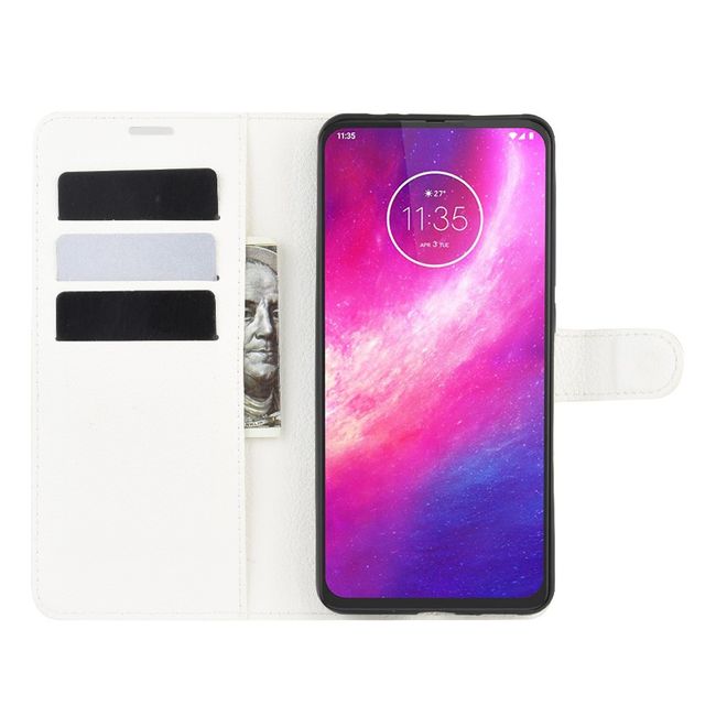Motorola One Hyper Handy Hülle - Litchi Leder Bookcover Series - weiss