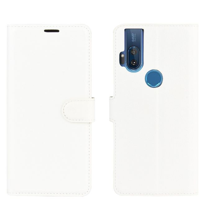 Motorola One Hyper Handy Hülle - Litchi Leder Bookcover Series - weiss