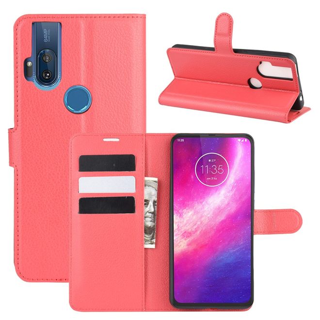 Motorola One Hyper Handy Hülle - Litchi Leder Bookcover Series - rot