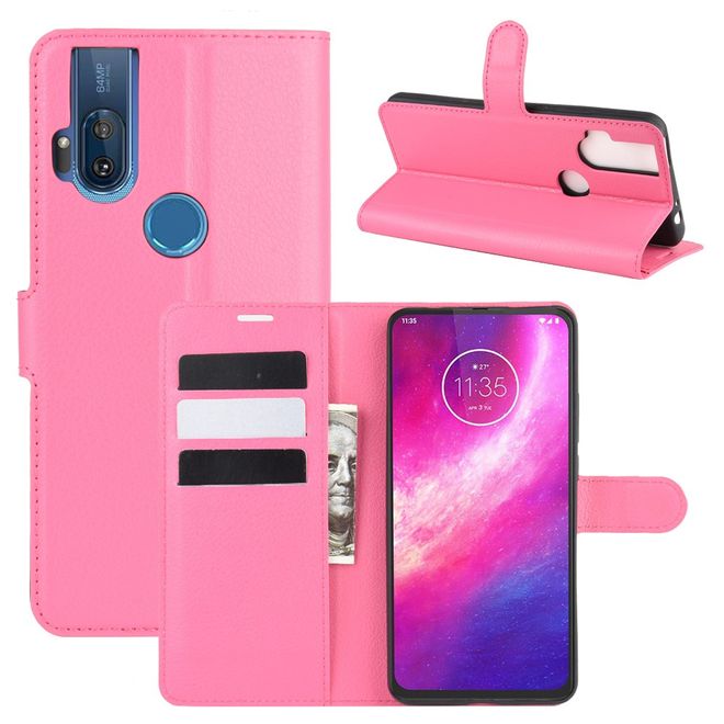 Motorola One Hyper Handy Hülle - Litchi Leder Bookcover Series - rosa