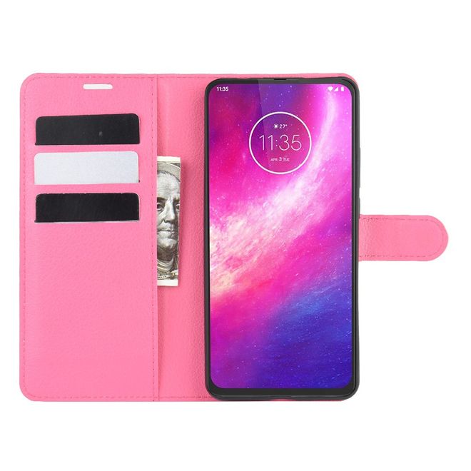 Motorola One Hyper Handy Hülle - Litchi Leder Bookcover Series - rosa