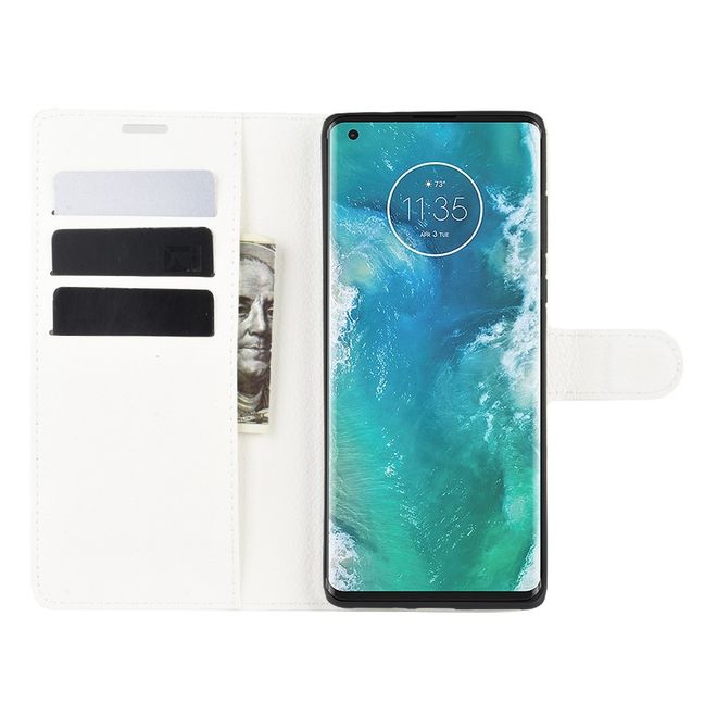 Motorola Edge+ Handy Hülle - Litchi Leder Bookcover Series - weiss