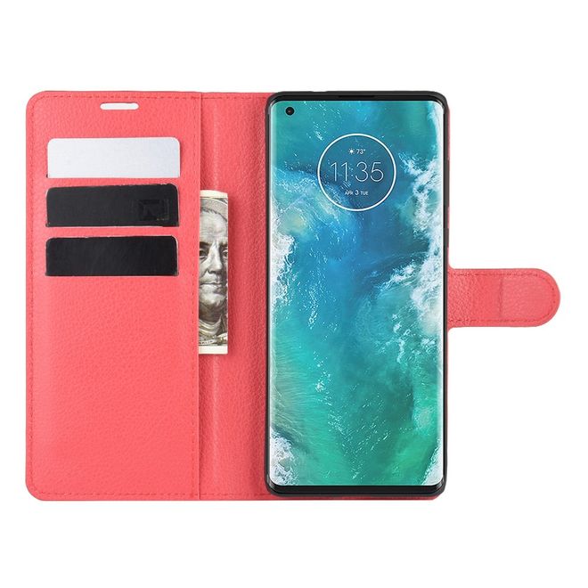 Motorola Edge+ Handy Hülle - Litchi Leder Bookcover Series - rot