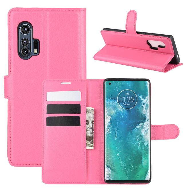 Motorola Edge+ Handy Hülle - Litchi Leder Bookcover Series - rosa