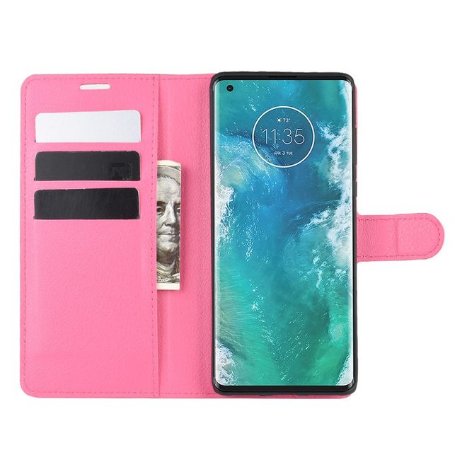 Motorola Edge+ Handy Hülle - Litchi Leder Bookcover Series - rosa
