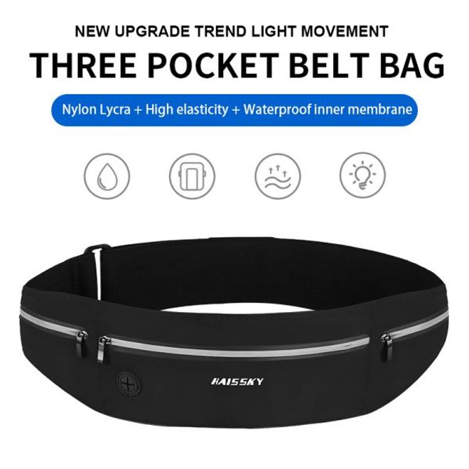 Laufgürtel für Handys bis 6.5“ - Running Belt mit 3 Reissverschlussfächern - schwarz