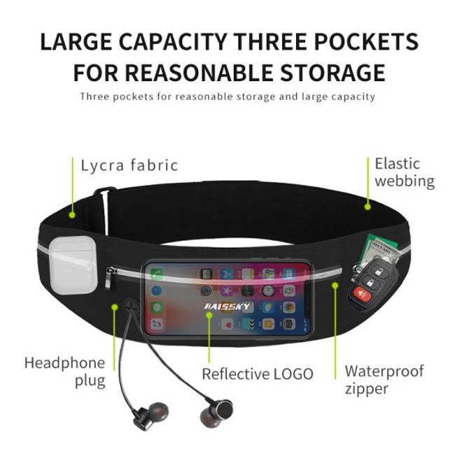 Laufgürtel für Handys bis 6.5“ - Running Belt mit 3 Reissverschlussfächern - schwarz