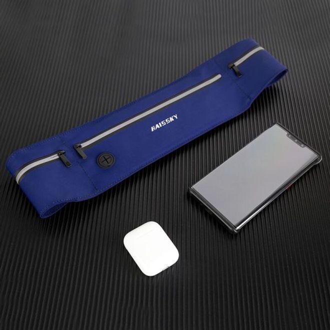 Laufgürtel für Handys bis 6.5“ - Running Belt mit 3 Reissverschlussfächern - blau