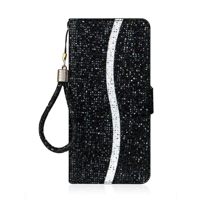 iPhone SE (2022) / SE (2020) / 8 / 7 Handy Hülle - Leder Glitzerhülle mit Streifen - schwarz