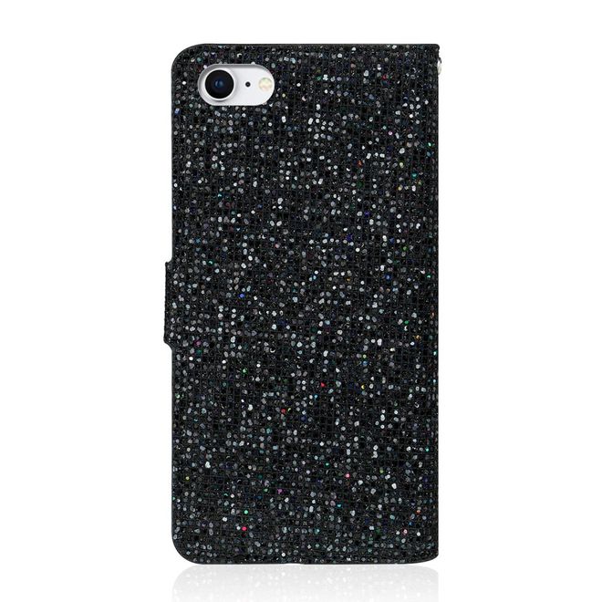 iPhone SE (2022) / SE (2020) / 8 / 7 Handy Hülle - Leder Glitzerhülle mit Streifen - schwarz