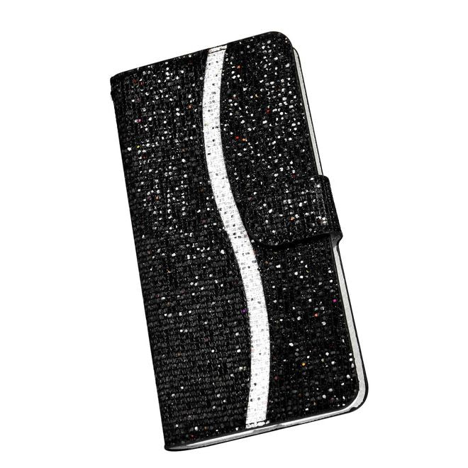 iPhone SE (2022) / SE (2020) / 8 / 7 Handy Hülle - Leder Glitzerhülle mit Streifen - schwarz