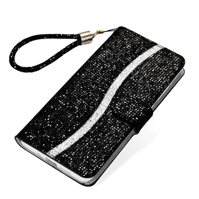 iPhone SE (2022) / SE (2020) / 8 / 7 Handy Hülle - Leder Glitzerhülle mit Streifen - schwarz