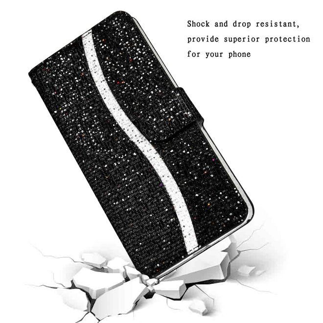 iPhone SE (2022) / SE (2020) / 8 / 7 Handy Hülle - Leder Glitzerhülle mit Streifen - schwarz