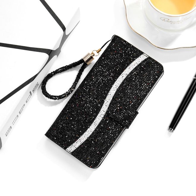 iPhone SE (2022) / SE (2020) / 8 / 7 Handy Hülle - Leder Glitzerhülle mit Streifen - schwarz