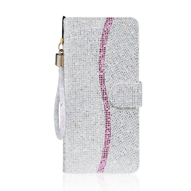 iPhone SE (2022) / SE (2020) / 8 / 7 Handy Hülle - Leder Glitzerhülle mit Streifen - silber