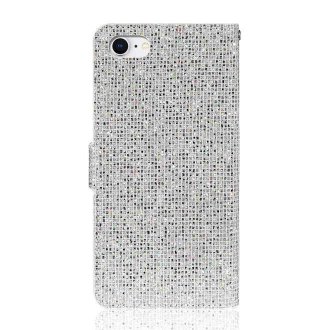 iPhone SE (2022) / SE (2020) / 8 / 7 Handy Hülle - Leder Glitzerhülle mit Streifen - silber