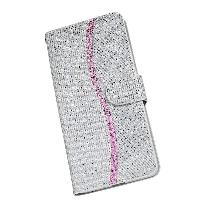 iPhone SE (2022) / SE (2020) / 8 / 7 Handy Hülle - Leder Glitzerhülle mit Streifen - silber