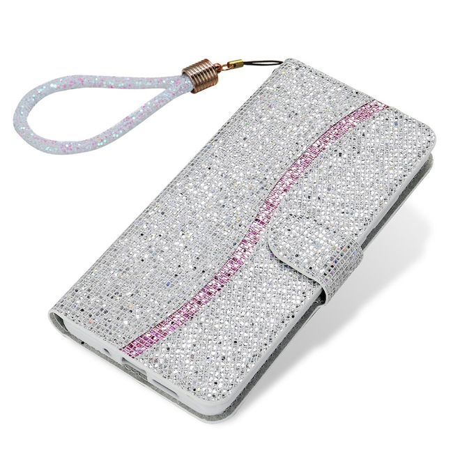 iPhone SE (2022) / SE (2020) / 8 / 7 Handy Hülle - Leder Glitzerhülle mit Streifen - silber