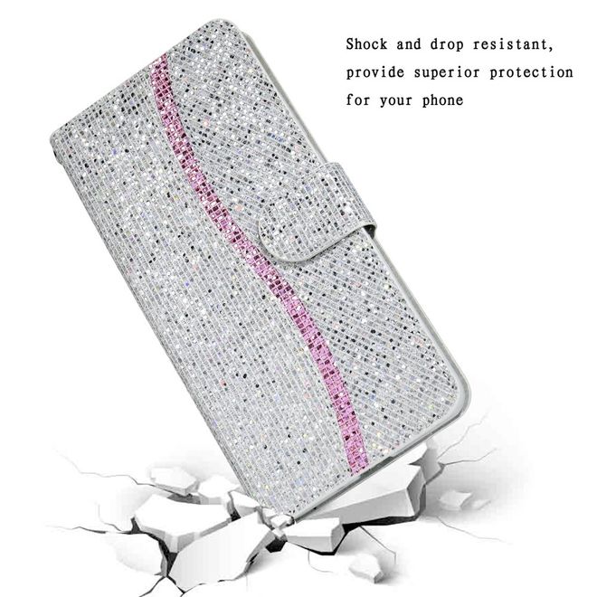 iPhone SE (2022) / SE (2020) / 8 / 7 Handy Hülle - Leder Glitzerhülle mit Streifen - silber