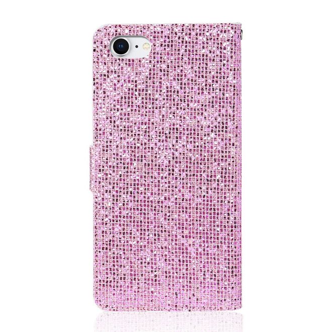 iPhone SE (2022) / SE (2020) / 8 / 7 Handy Hülle - Leder Glitzerhülle mit Streifen - rosegold
