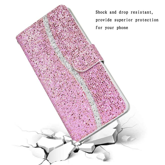 iPhone SE (2022) / SE (2020) / 8 / 7 Handy Hülle - Leder Glitzerhülle mit Streifen - rosegold