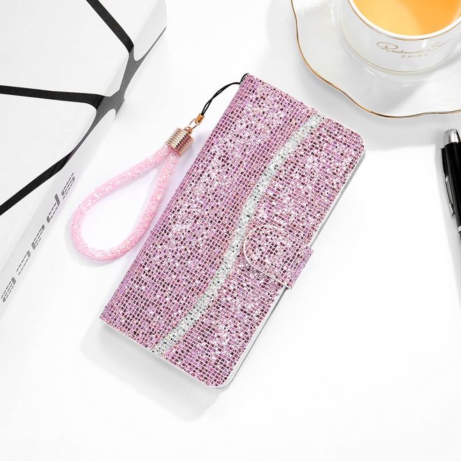 iPhone SE (2022) / SE (2020) / 8 / 7 Handy Hülle - Leder Glitzerhülle mit Streifen - rosegold