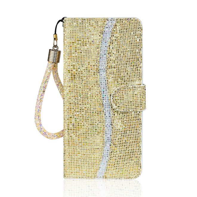 iPhone SE (2022) / SE (2020) / 8 / 7 Phone Case - Leather Glitter Case with Stripes - Gold