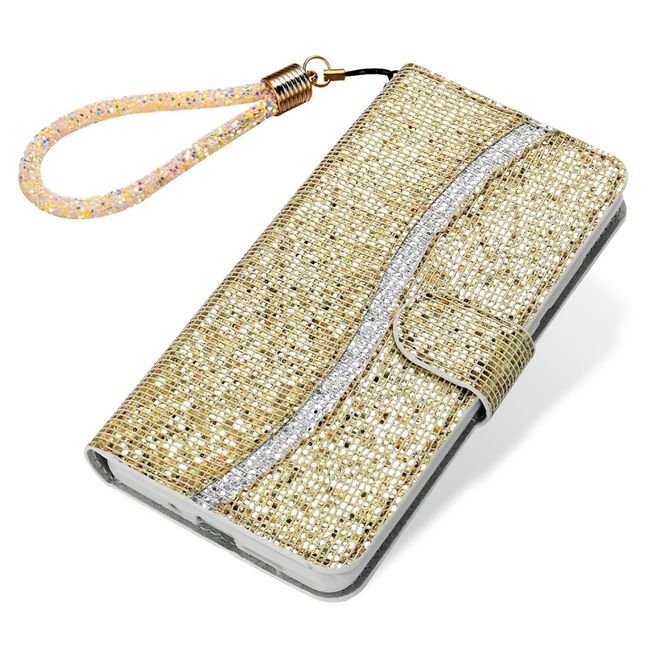 iPhone SE (2022) / SE (2020) / 8 / 7 Phone Case - Leather Glitter Case with Stripes - Gold
