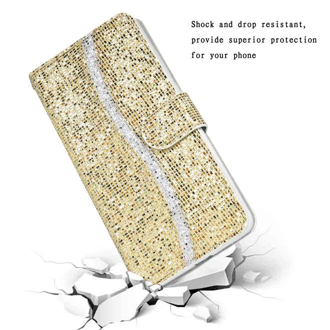 iPhone SE (2022) / SE (2020) / 8 / 7 Phone Case - Leather Glitter Case with Stripes - Gold