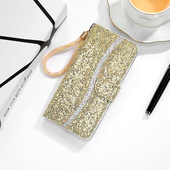 iPhone SE (2022) / SE (2020) / 8 / 7 Phone Case - Leather Glitter Case with Stripes - Gold